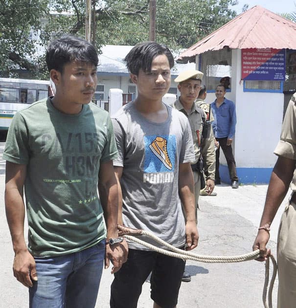  NDFB militants Tarun Narzray alias N. Thiranga and Bikram Mushuhary alias M. Nurlungbutur at the Panbazar Police Station after their arrest in Guwahati.