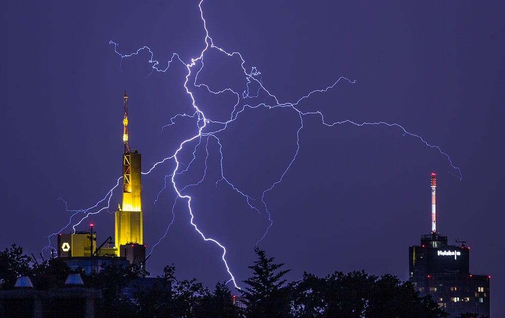 Lightning is pictured in Frankfurt, central Germany