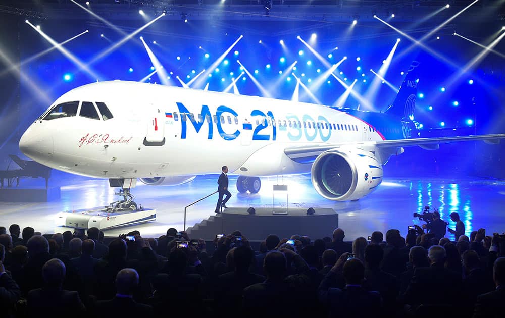 Russian Prime Minister Dmitry Medvedev the unveiling ceremony of a new passenger jet MC-21-300