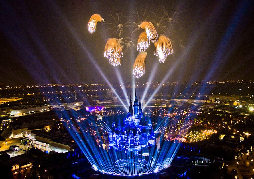 A high angle view of a fireworks and light show rehearsal is seen at the Shanghai Disney Resort.