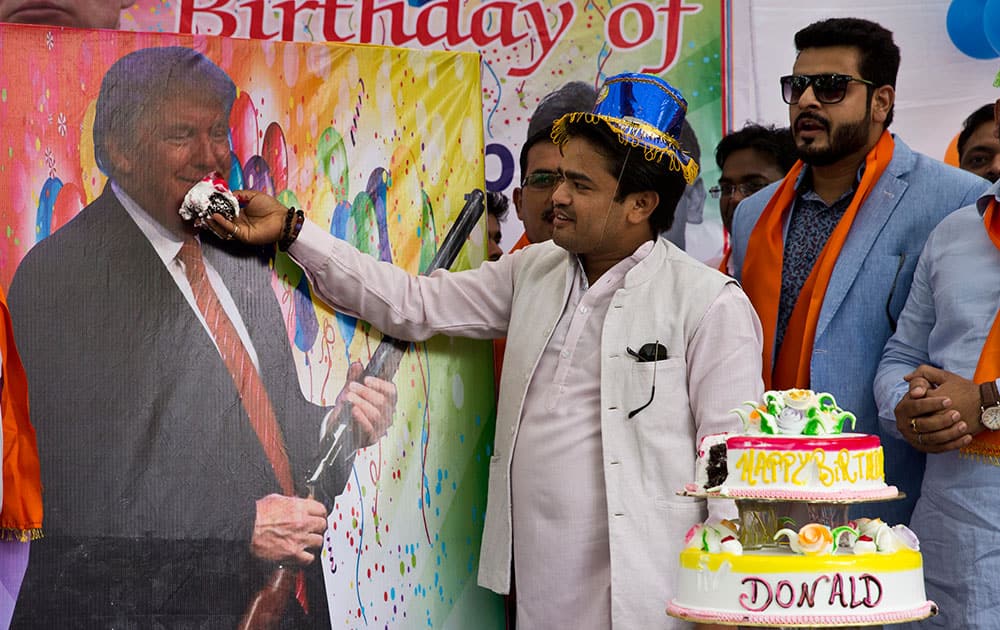 Hindu Sena celebrate the birthday of U.S. presidential candidate Donald Trump in New Delhi