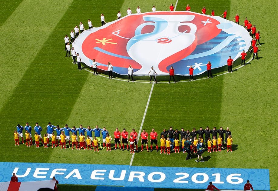 The English and Welsh team line up prior to the Euro 2016