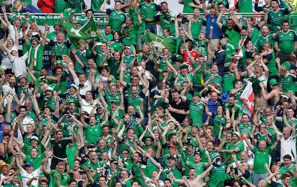 Northern Ireland supporters celebrate their side’s second goal during the Euro 2016 