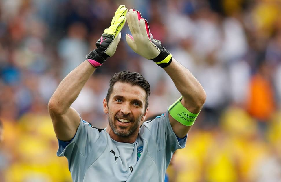 Italy goalkeeper Gianluigi Buffon celebrates at the end of the soccer match