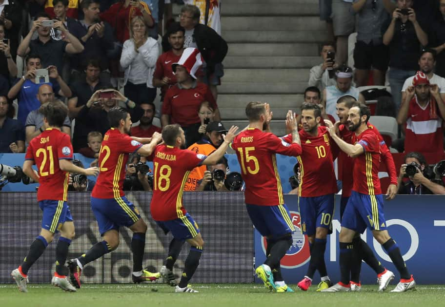 Alvaro Morata celebrates after scoring the opening goal