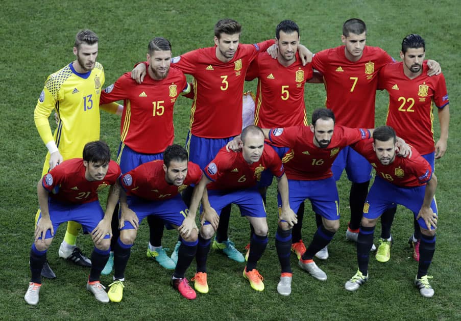 Spain team soccer players pose for a photo ahead of soccer match between Spain and Turkey