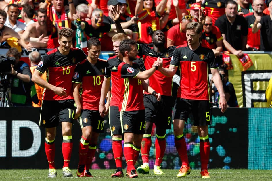 Belgium's Romelu Lukaku celebrates after scoring