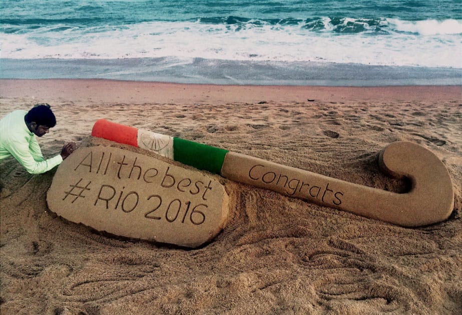Sudarsan Pattnaik creates a sand sculpture to wish the Indian hockey team for Rio 