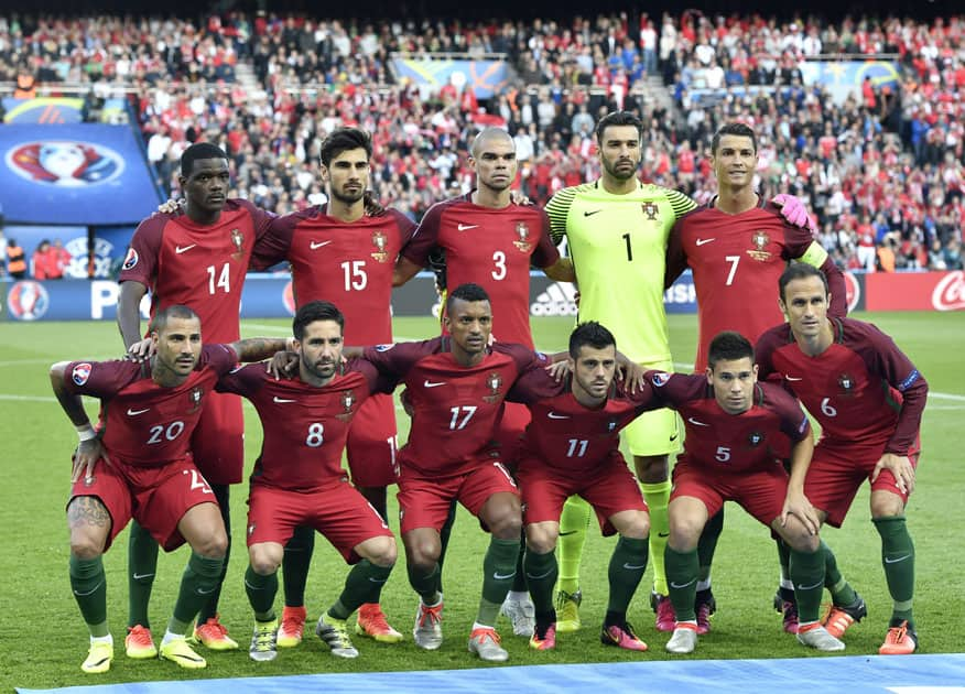 Portugal players pose for photos 