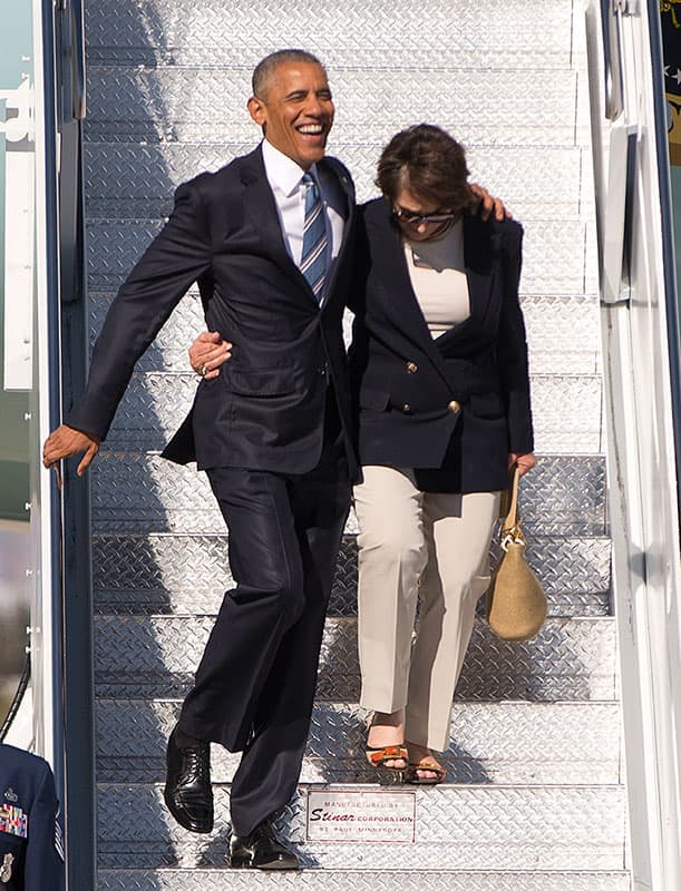 President Barack Obama arrives with congresswoman Rep. Anna Eshoo, D-Ca.