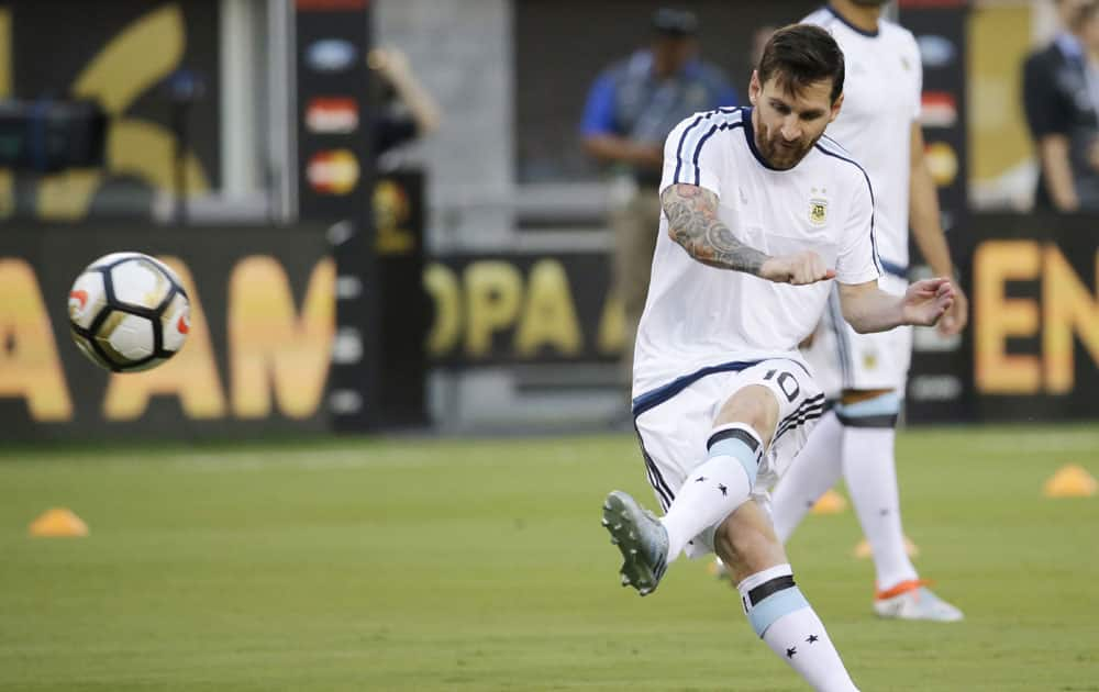 Argentina's Lionel Messi takes a free kick