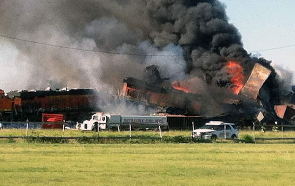 Two freight trains are on fire, after they collided and derailed near Panhandle, Texas