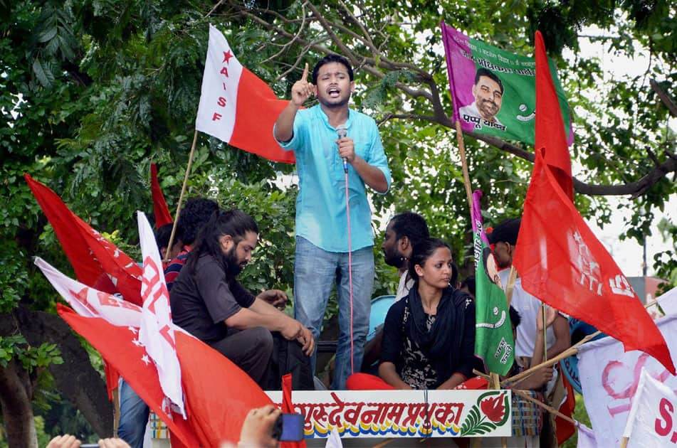 Police stop activists of various students organisations taking part in Jan Pratirodh March