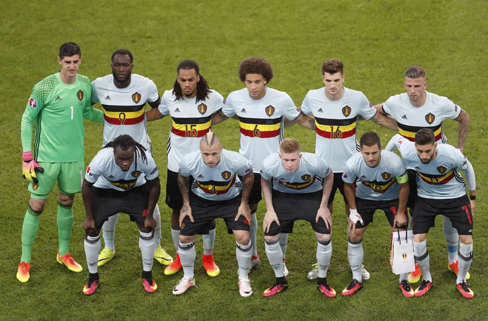 Belgium's players pose for a team picture before the Euro 2016 quarterfinal match