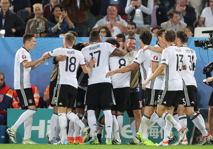 German teammates celebrate after scoring