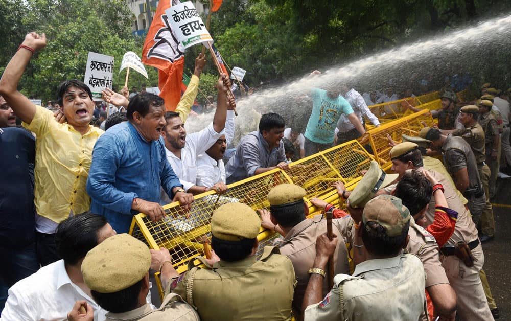 BJP workers during their protest against Arvind Kejriwal