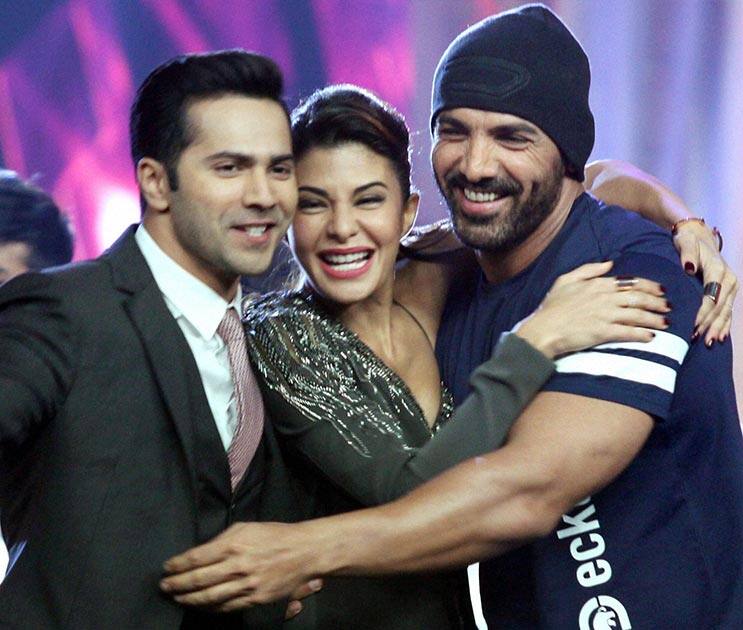 Bollywood actors Jacqueline Fernandez, Varun Dhawan and John Abraham