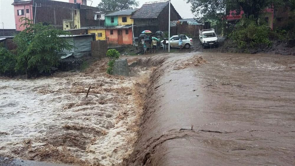 A flooded locality after heavy rains in Nashik.