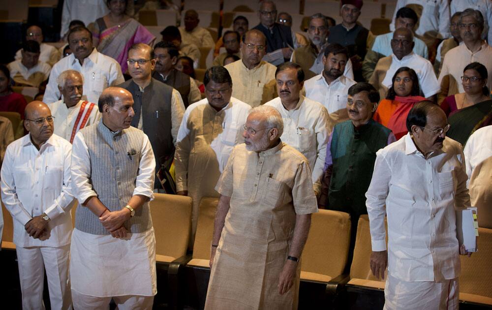 Home Minister Rajnath Singh, talks with Prime Minister Narendra Modi