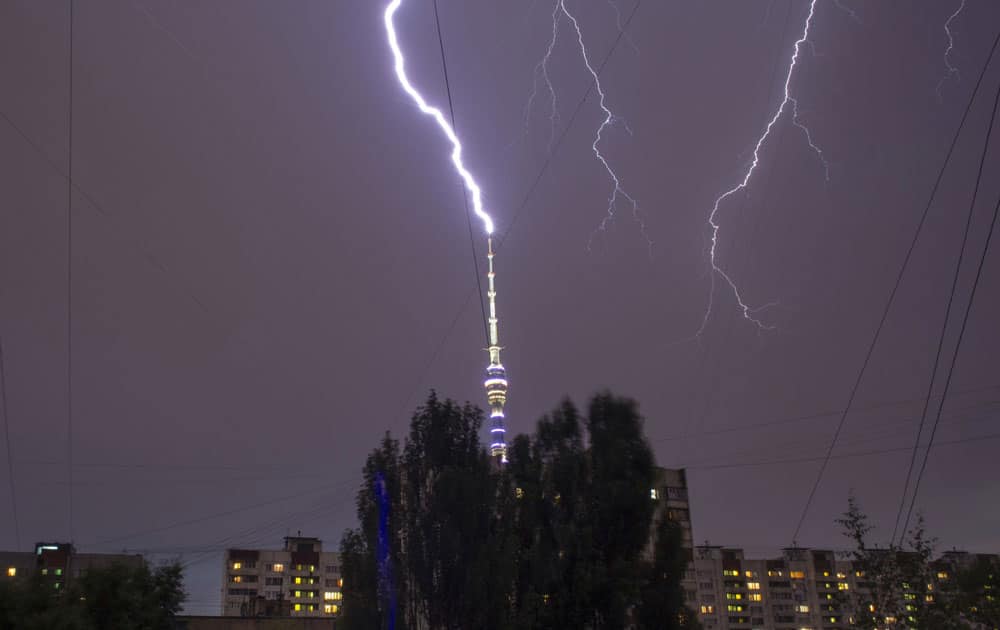 Lightning is seen in the sky over the Ostankino TV tower during a storm in Moscow, Russia