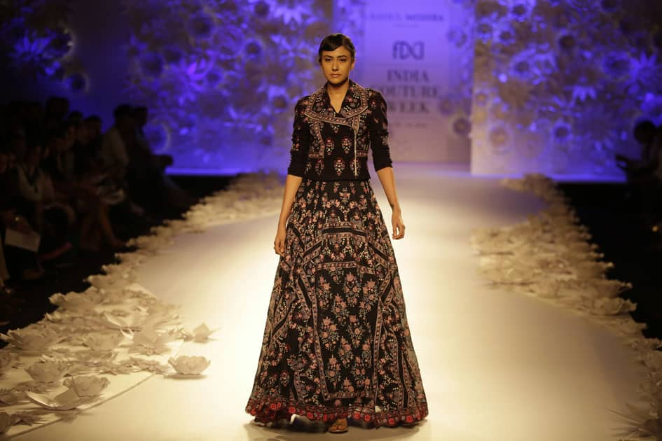 A model displays a creation by Rahul Mishra