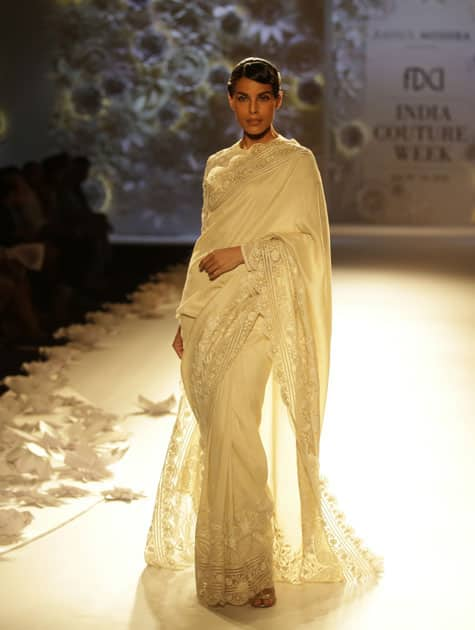 A model displays a creation by Rahul Mishra