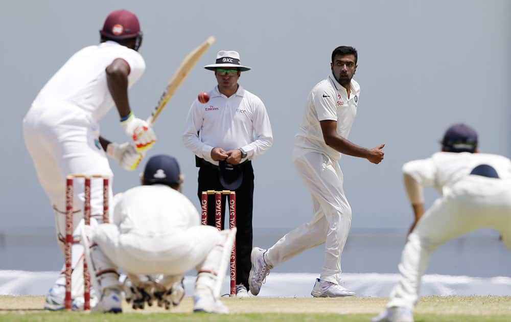 Ravichandran Ashwin, bowls against West Indies
