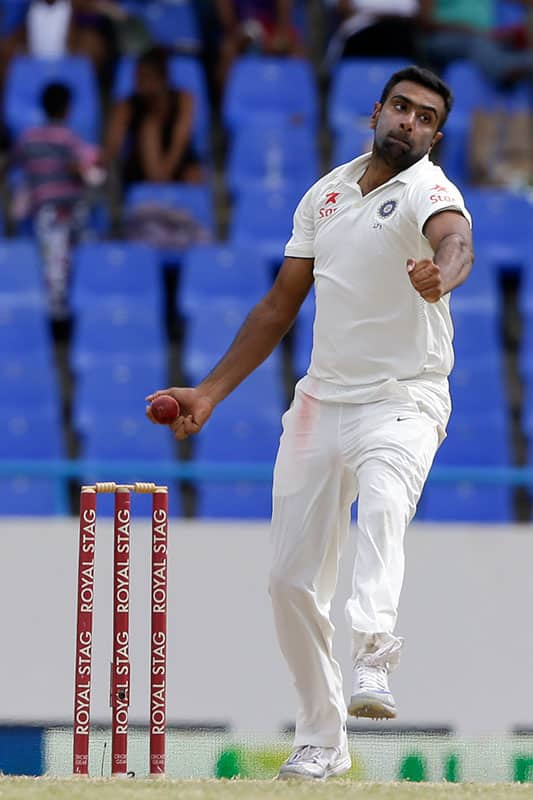 Ravichandran Ashwin, bowls against West Indies