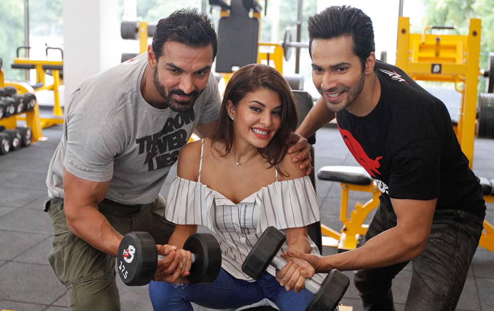 John Abraham, Varun Dhawan and Jacqueline Fernandez, pose during a press conference to promote their upcoming movie John Abraham, Varun Dhawan and Jacqueline Fernandez, pose during a press conference to promote their upcoming movie