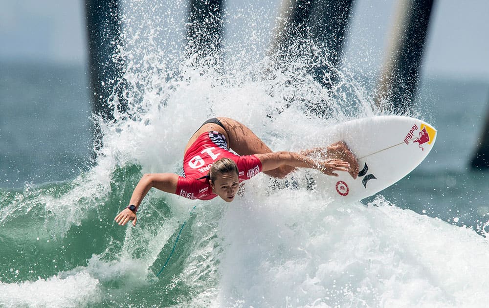 Carissa Moore competes in US Open of Surfing at Huntington Beach Pier in Huntington Beach