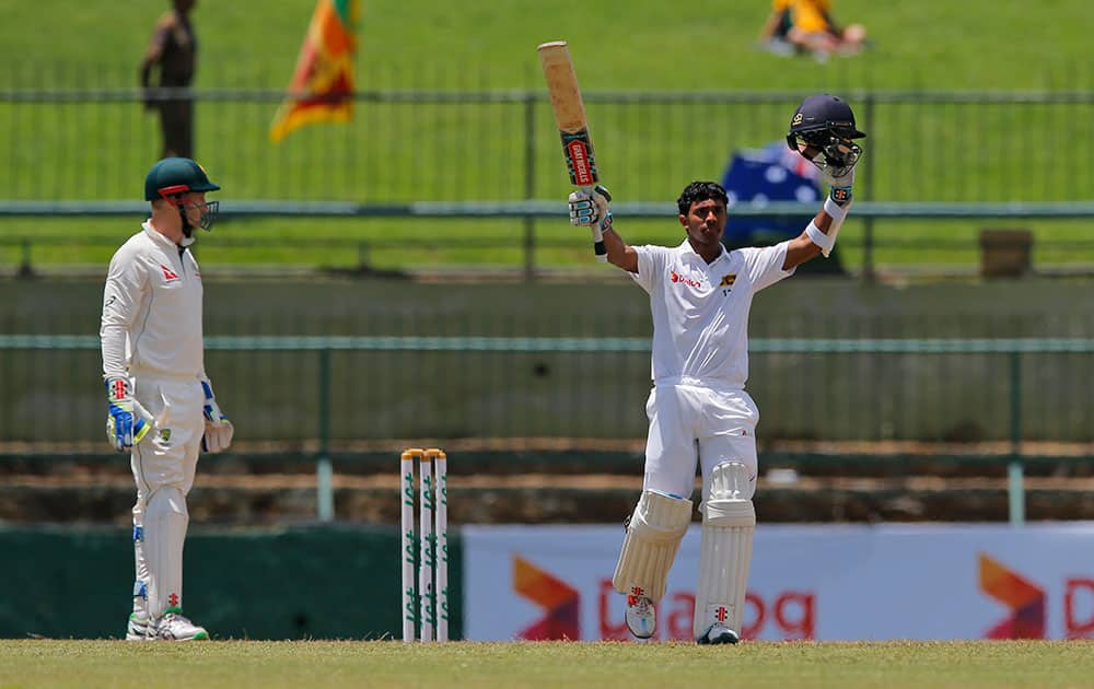 Sri Lanka's Kusal Mendis celebrates scoring his maiden century