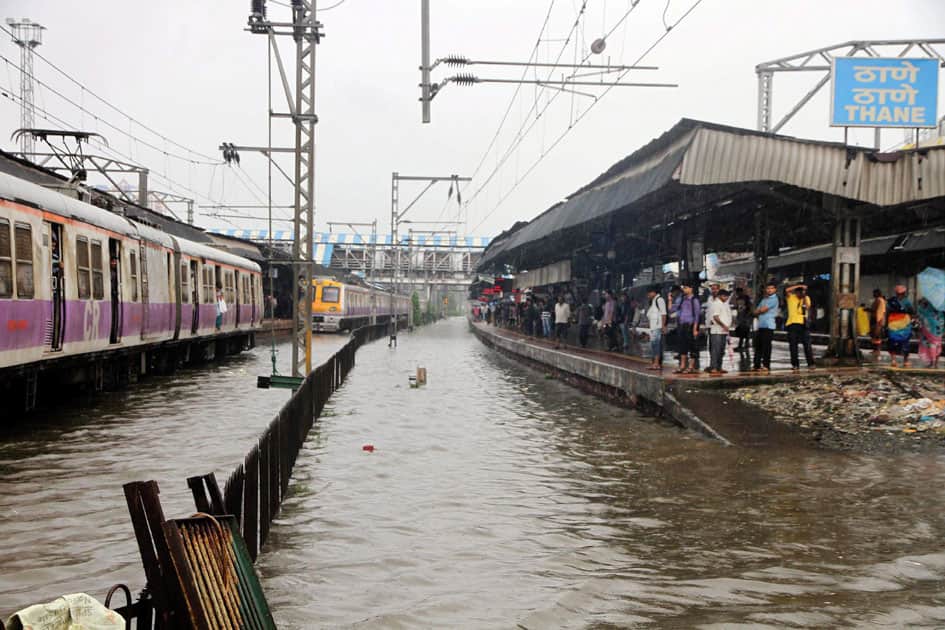 The flooded Thane Railway Station
