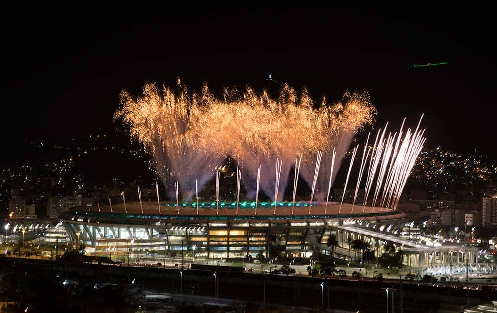 Fireworks explode above the Maracana stadium