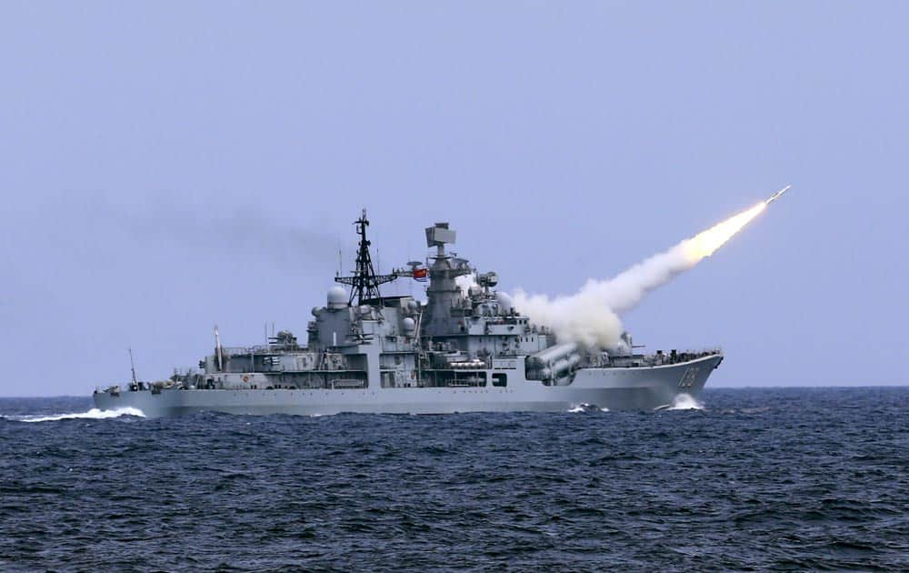 A missile is launched from the guided-missile destroyer Taizhou