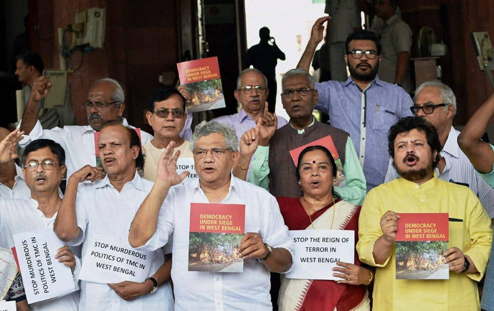 Left parties MPs holding a protest