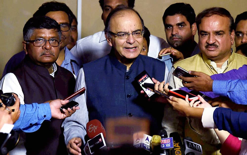 Finance Minister Arun Jaitley addressing a press conference at Parliament House