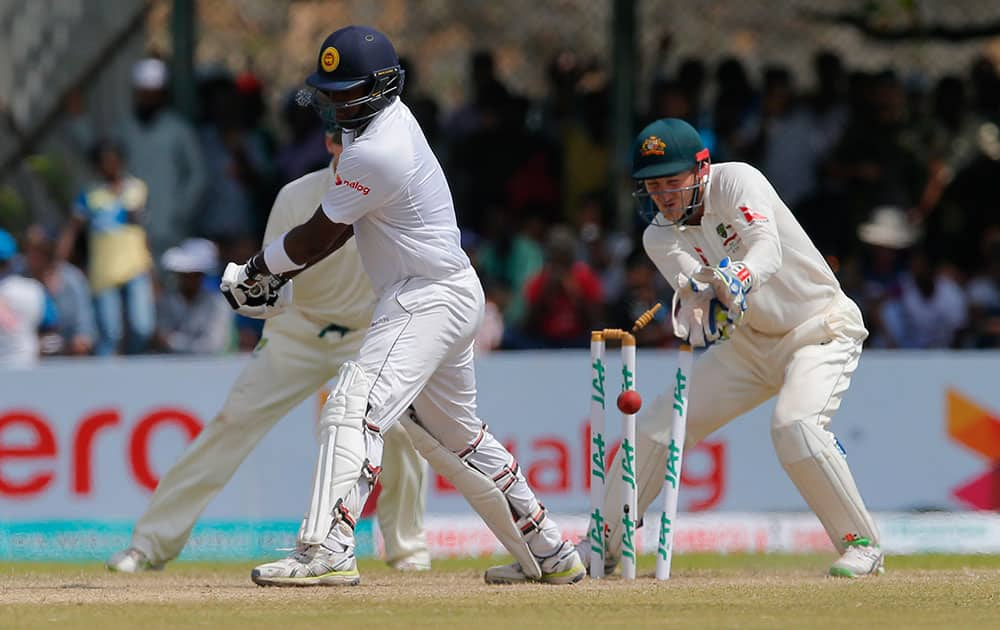 Angelo Mathews is bowled out