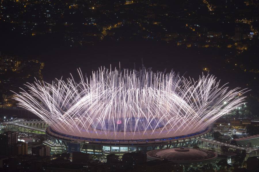 Fireworks explode over Maracana Stadium