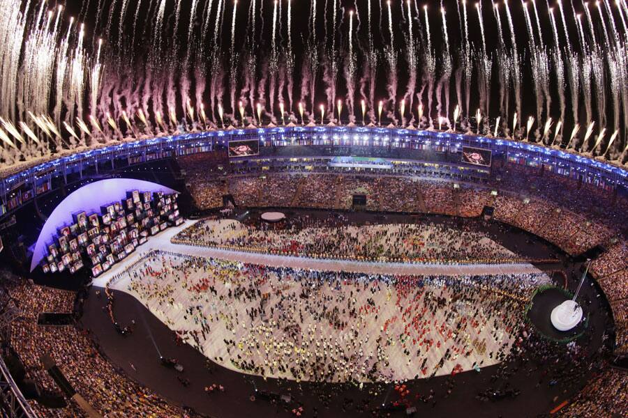 Fireworks are seen over Maracana Stadium