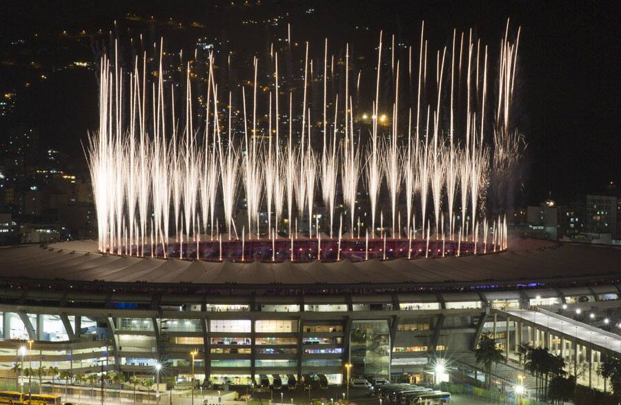 Fireworks explode above the Maracana stadium