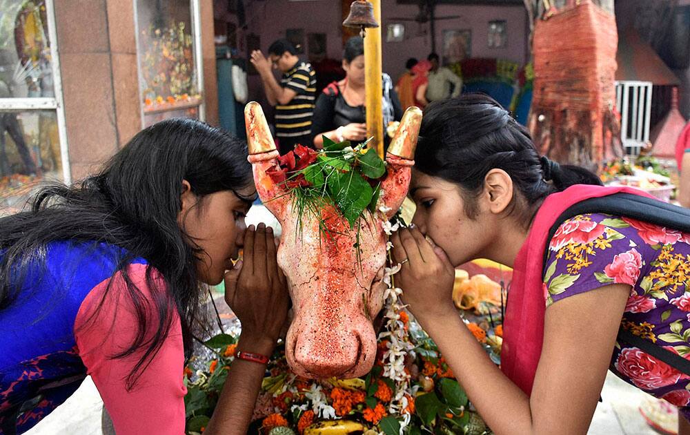 Girls speaking their wish to the statue of Nandi Cow at Shiva temple during the holy month of Shravan in Patna Girls speaking their wish to the statue of Nandi Cow at Shiva temple during the holy month of Shravan in Patna