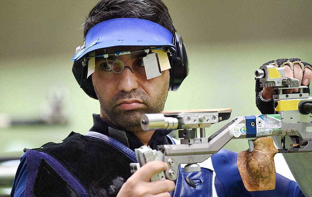 Indians shooter Abhinav Bindra competes in the Mens 10m Air Rifle qualifying round at Rio Olympics 2016