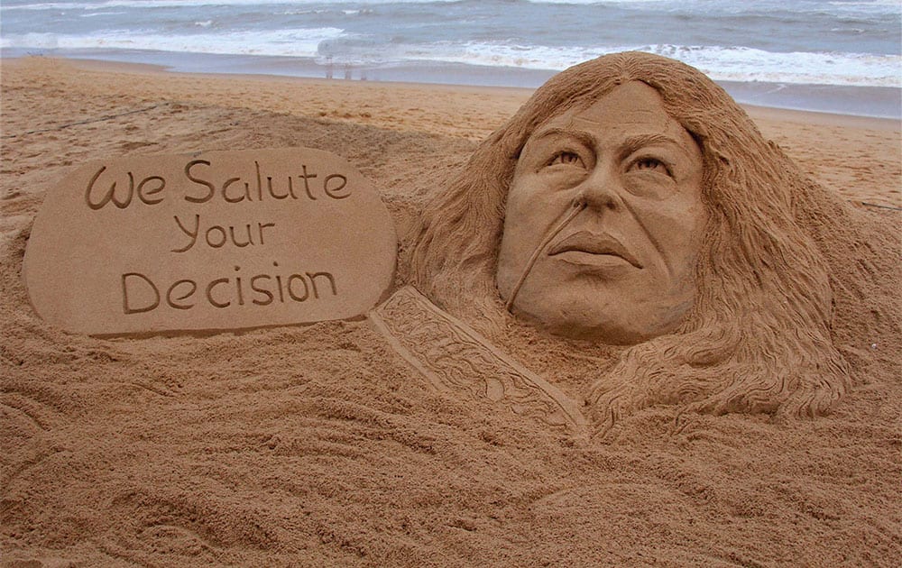 Sand artist Sudarsan Pattnaik has created a sand sculpture of Irom Sharmila who will break her fast after 16 years