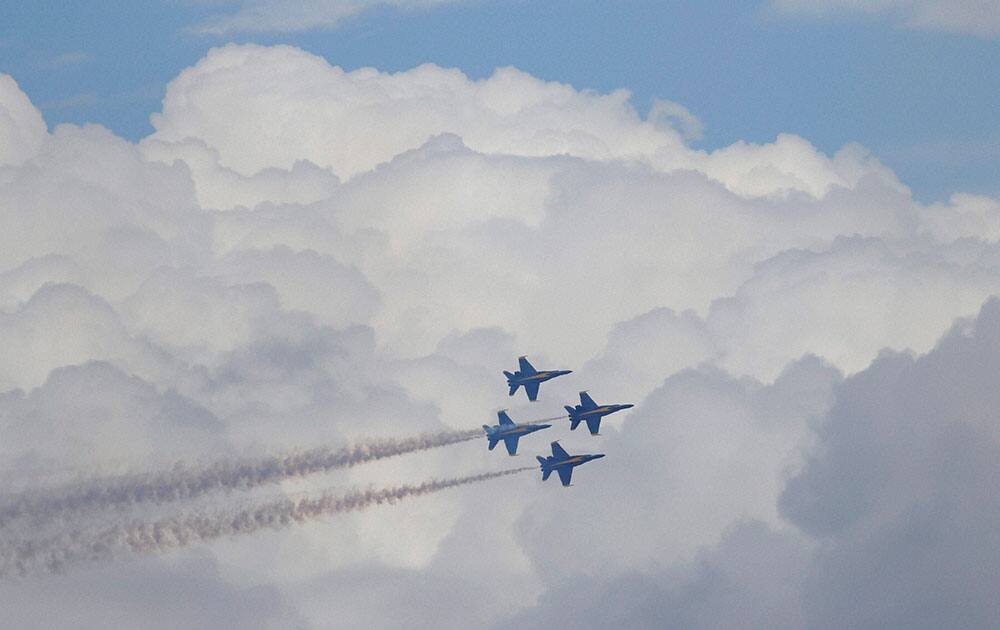 The US Navy Blue Angels perform during The Boeing Seafair Air Show in Seattle