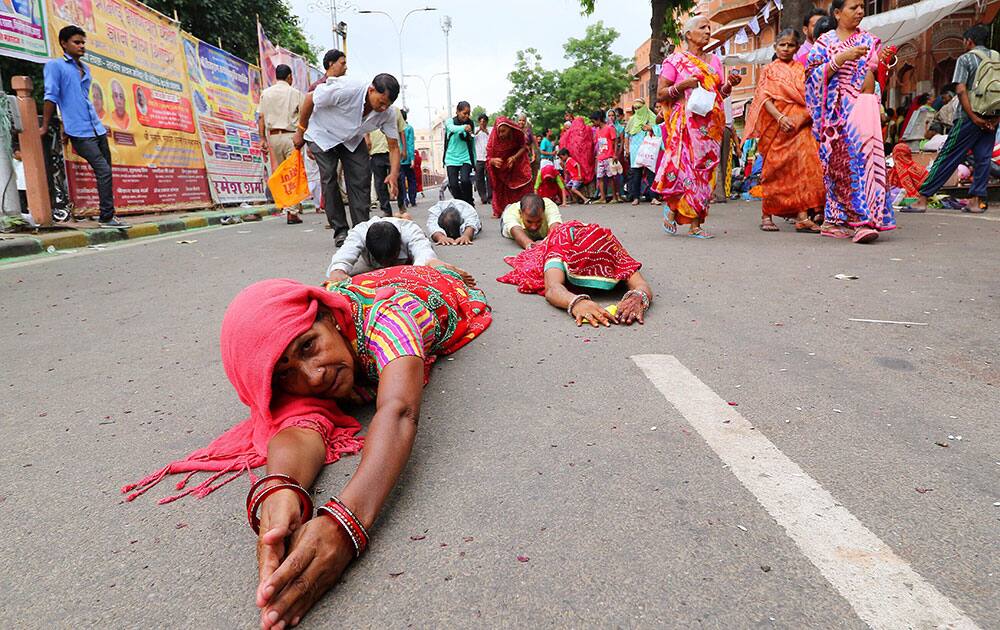 Devotees take part in a religious Lakhi Pad Yatra (walk tour) for the darshan of Lord Kalyan Ji , at Diggi Kalyan Ji temple in Jaipur