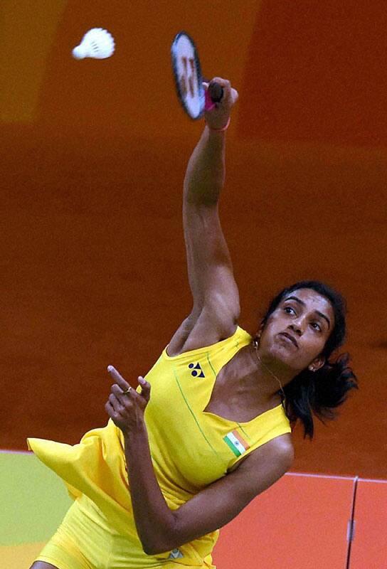 badminton player P V Sindhu plays against Laura Sarosi of Hungary during the Women's Single match at the Summer Olympic 2016