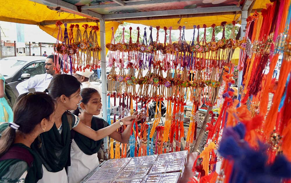 Girls buying Rakhi ahead of the Raksha Bandhan festival in Karad