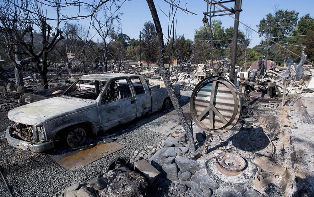 Charred remains are seen in the town of Lower Lake, Calif.