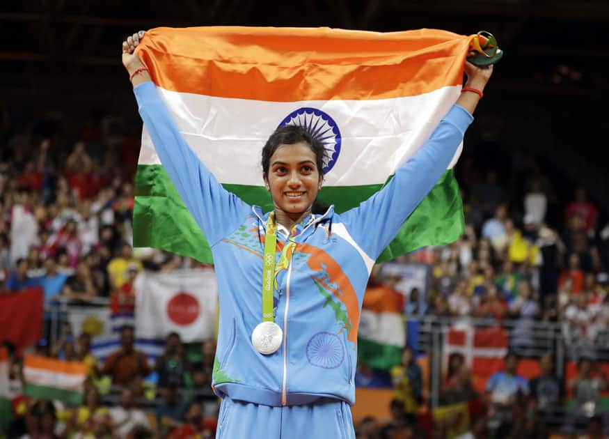 India's V. Sindhu Pusarla wears her silver medal