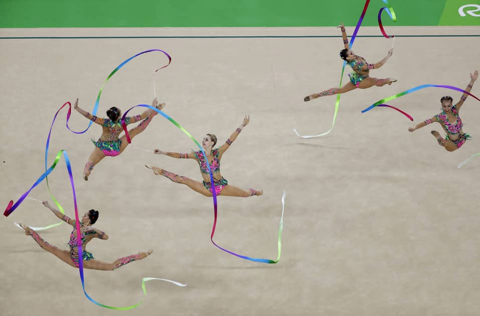 Team Russia performs during the rhythmic gymnastics